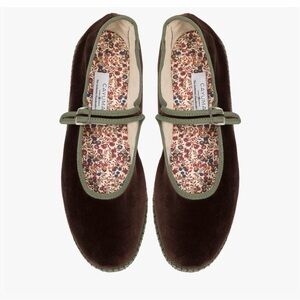 Women's Brown Velvet Mary Jane Flats with Olive Trim